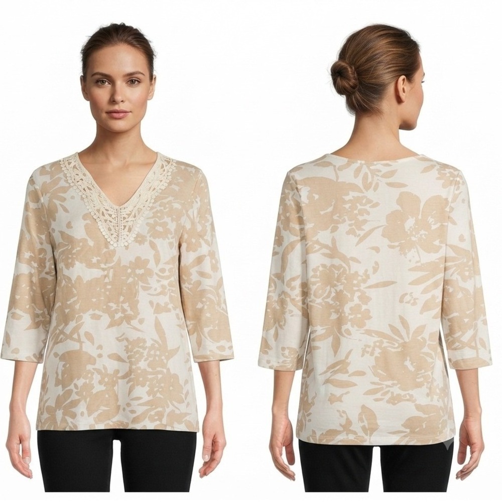 Premise Blouse Womens XL Linen Blend Floral Tunic Top Crochet V-Neck‎ 3/4 Sleeve
